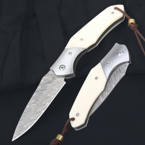 骨柄大马士革折刀|大马士革钢刃材|全长19.4cm|灰钛表面|钢架聚脂柄