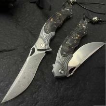 夜枭 快开折 碎碳纤维柄 精雕羽毛造型 附高配礼品盒 (M390粉末钢/大马士革高氮钢) 全长21.5