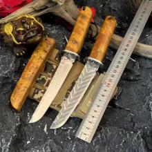 天涯武士 手工直 鬼眼崖柏树瘤木手柄 附刀鞘 (三枚合/大马士革钢镜面) 全长24.5